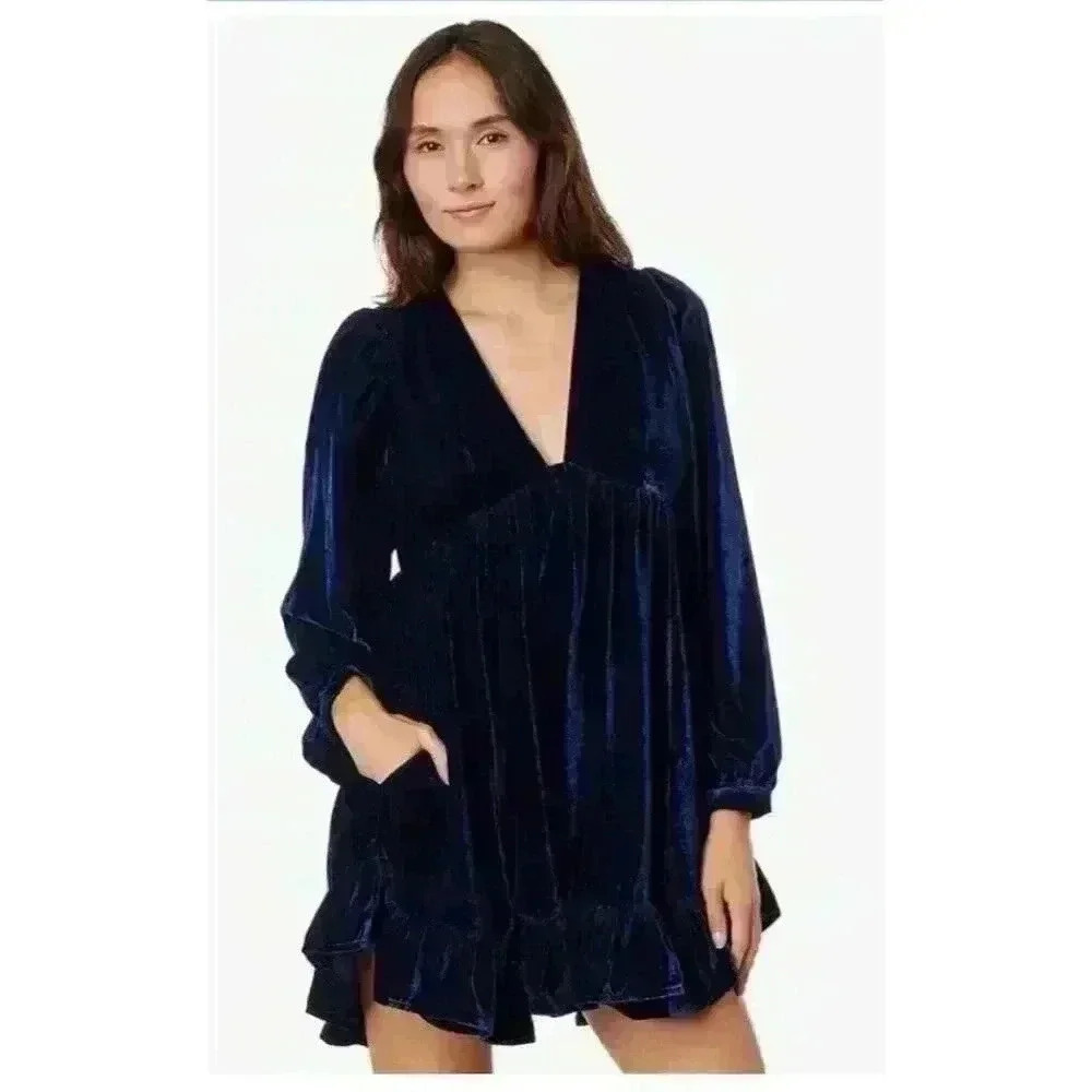 Free People Womens Estella Velvet Mini Dress Tunic Blue 60s Boho Size Small